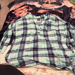 Belle Tweed blue & green Plaid 1/4 button up LS semi sheer top-1X